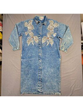 Vintage 80s Pret M Denim Long Embellished Button-Down Dress Floral 100% Cotton